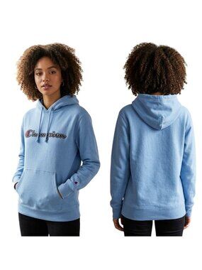 Champion Unisex Medium Swiss Blue Hoodie Pullover Embroidered Logo 21" P2P